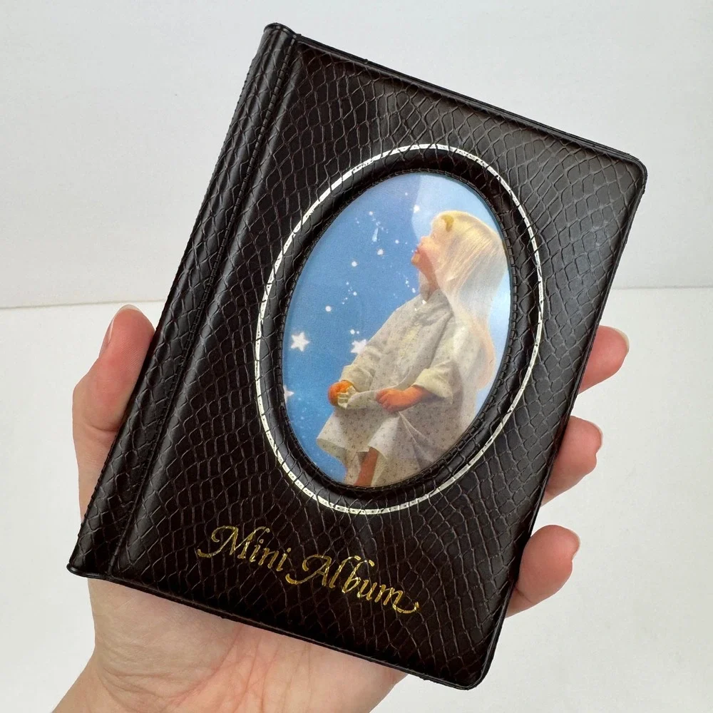 Small Vtg Dark Brown Reptile Scale Faux Leather Photo Pic Album Gold Accents